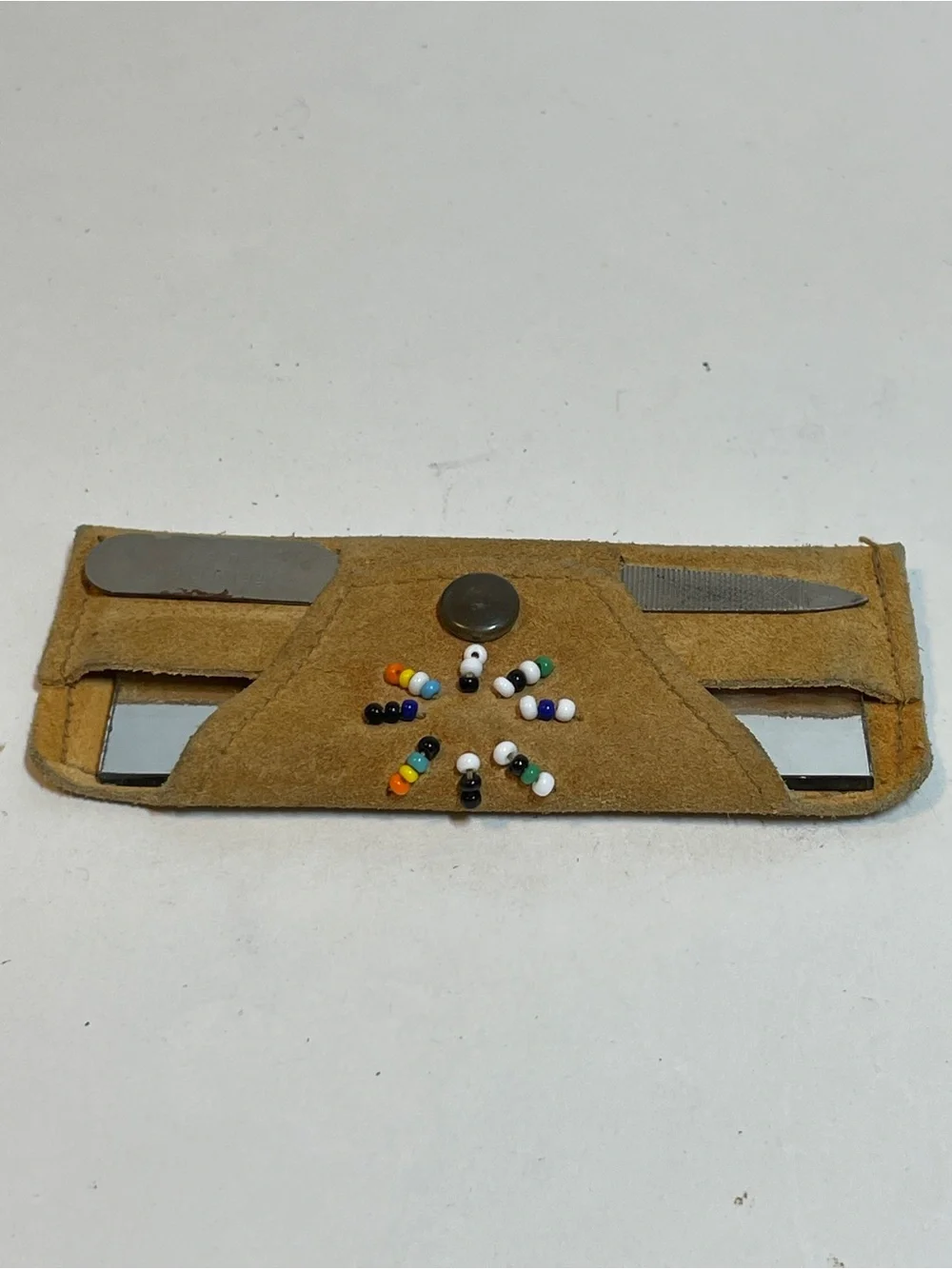 Antique Lake Superior Chippewa Beaded Suede Pouch Western, Nail File, Mirror